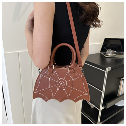 Halloween Women'S Bat Wing Spider Web Handbag - Lightweight Synthetic Faux Leather Tote with Geometric Spider Web Design, Zipper Closure & Detachable Strap, Gothic Style for Daily Use or Party Outfits, Durable Polyester Linin