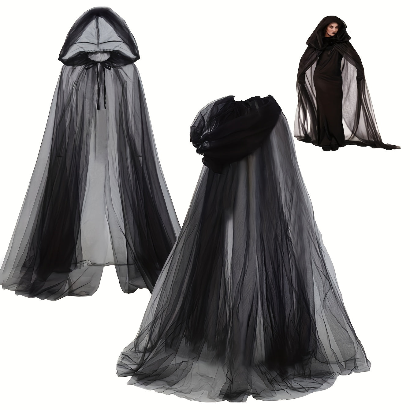 [Elegant Witch Cloak] Double Layer Elegant Witch Cloak with Hat | Halloween Cosplay Costume, Black and White - Adjustable Belt for Scary Parties, Themed Events and Holiday Wear, Tasseled Polyester Fabric, 1pc
