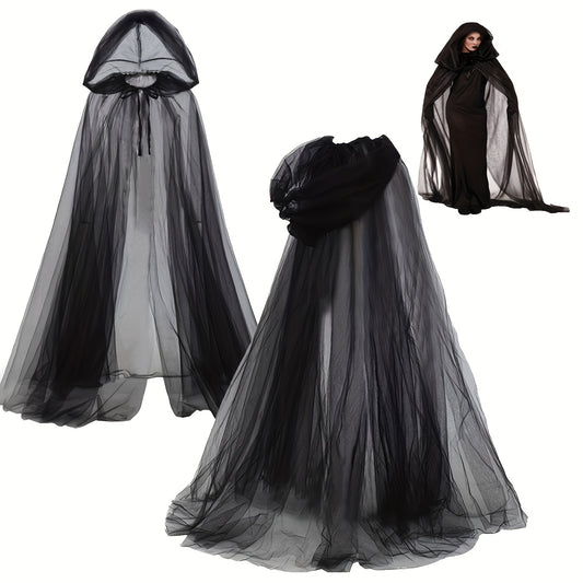 [Elegant Witch Cloak] Double Layer Elegant Witch Cloak with Hat | Halloween Cosplay Costume, Black and White - Adjustable Belt for Scary Parties, Themed Events and Holiday Wear, Tasseled Polyester Fabric, 1pc