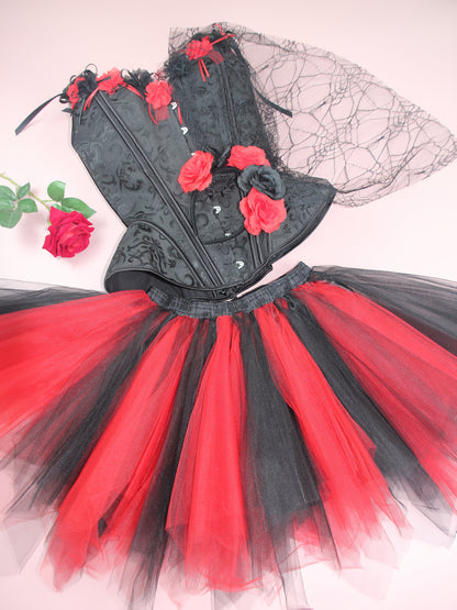[Gothic Corset Set] Gothic Black Lace Corset and Tutu Skirt Set | Floral Mesh Headband, Mexican Day of the Dead Halloween Blood Rose Cosplay Outfit