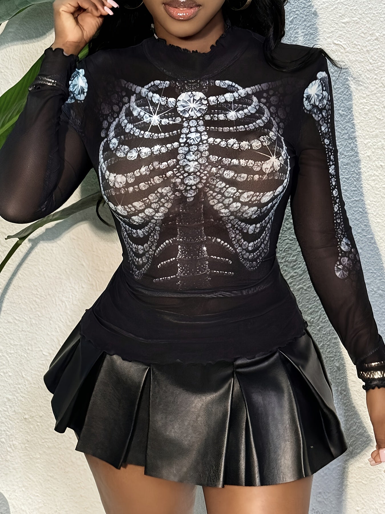 [Trendy Y2K Mesh Top] Y2K Women's Diamond Print Mesh Long Sleeve T-Shirt | Semi-Sheer Stretch Top with High Elasticity, Machine Washable, All-Season Versatile Layering Piece, Trendy Outfit, Edgy Fashion, Stretchy Fabric, Semi