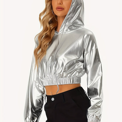 Women's Sexy Short-Length Hooded Sweatshirt - Long Sleeve Holographic Golden Metallic Pullover with Drawstring Hood, Stretchy Fabric for Gym Running Casual Wear, Spring/Autumn Fashion, Gym Hoodie, Seasonal Athletic Apparel, E