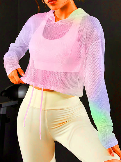 Gradient Color Loose-Fit Breathable Mesh Hoodie - Women's Casual Fashion Long Sleeve T-Shirt with Drawstring Hood, Colorful, Sports