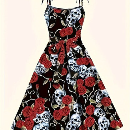 Chic Halloween Skull Print Cami Dress - Polyester, Machine Washable, Tie-Detail A-Line Party Dress for Women