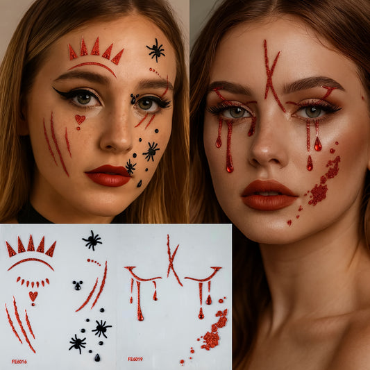[Realistic Blood Face Stickers] 2 Sheets Red Glitter Blood Face Stickers - Realistic Fake Blood & Wound Effects, Glossy Self-Adhesive Temporary Tattoos for Halloween, Christmas, Themed Parties - Easy Apply, Perfect for Costum