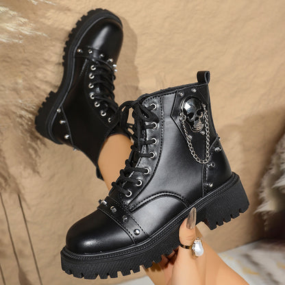 [Gothic Chunky Platform Boots] Women's Chunky Platform Boots - Gothic Lace-Up Ankle Boots with Thick Platform Sole, PU Synthetic Cover Upper, Round Toe for Edgy Streetwear, Concerts, Everyday - Non-Slip Rubber Outsole - Easy-