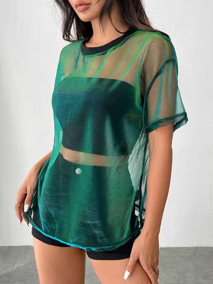 Women's Gradient Color Mesh Panel Summer T-Shirt - Elegant Loose Fit Round Neck Semi-Sheer Top for Casual & Evening Wear, Breathable Spring/Summer Fashion, Summer T Shirts, Spring Fashion, Stylish Semisheer, Elegant Mesh Desi