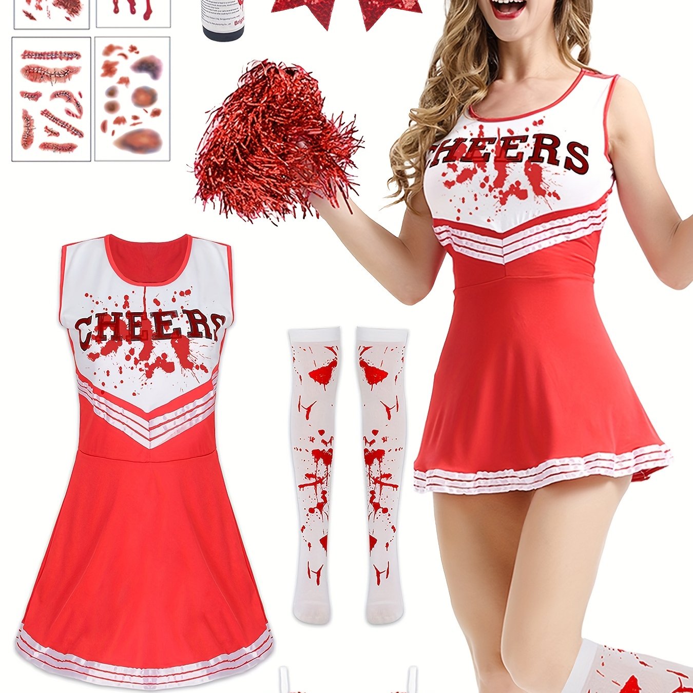[Clothes without red pattern, with matching color DIY]Women's Zombie Cheerleader Halloween Costume, Adult Cheerleader Stockings, Adult Women's Cheerleader Dress, Zombie Costume, Halloween Scary Costume