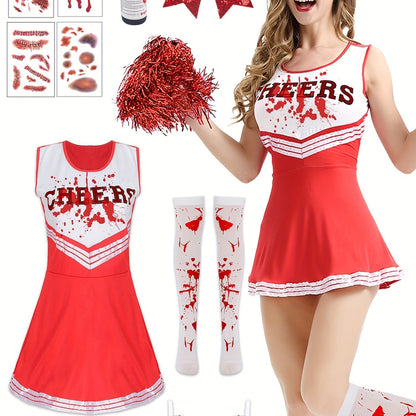 [Clothes without red pattern, with matching color DIY]Women's Zombie Cheerleader Halloween Costume, Adult Cheerleader Stockings, Adult Women's Cheerleader Dress, Zombie Costume, Halloween Scary Costume