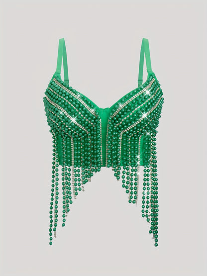 Sexy Fishbone Corset Top with Pearl Embellishments & Tassel Details - Vibrant Pink Stretchy Spaghetti Strap Bustier for Nightclub, Concert, Festival - Versatile All-Season Women's Fashion, Concert Attire, Elegant Style, Styli