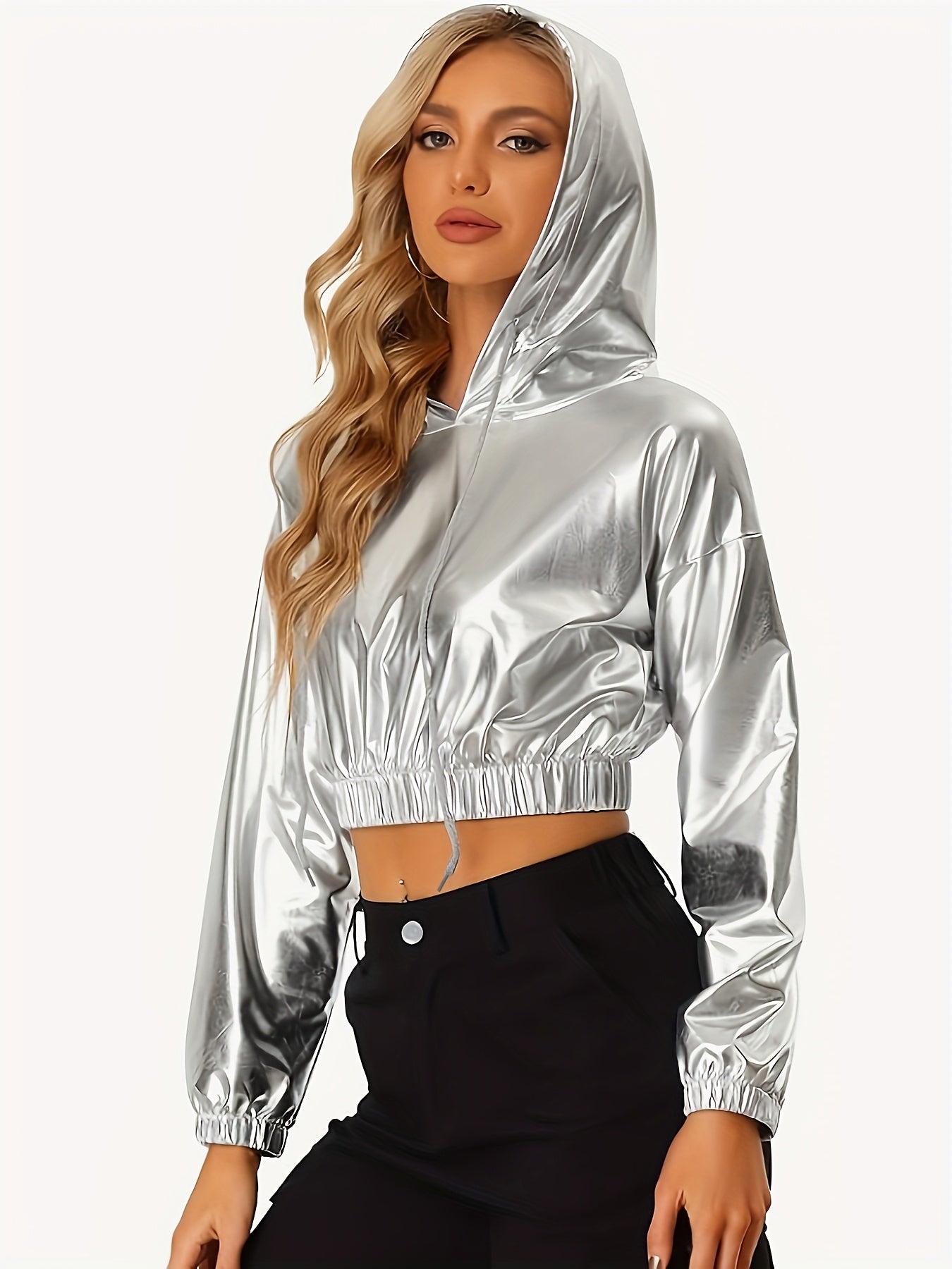 Women's Sexy Short-Length Hooded Sweatshirt - Long Sleeve Holographic Golden Metallic Pullover with Drawstring Hood, Stretchy Fabric for Gym Running Casual Wear, Spring/Autumn Fashion, Gym Hoodie, Seasonal Athletic Apparel, E
