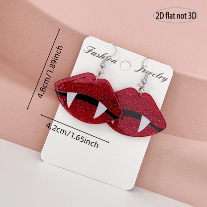 2D Flat, Pair of Red Lips & Fangs Glitter Earrings - 2D Flat Gothic Cute Jewelry with Sparkling Accents, Lightweight Dangle Earrings for Women, Perfect for Daily Wear & Halloween Party Accessories, Cute Earrings, Costume Jewe