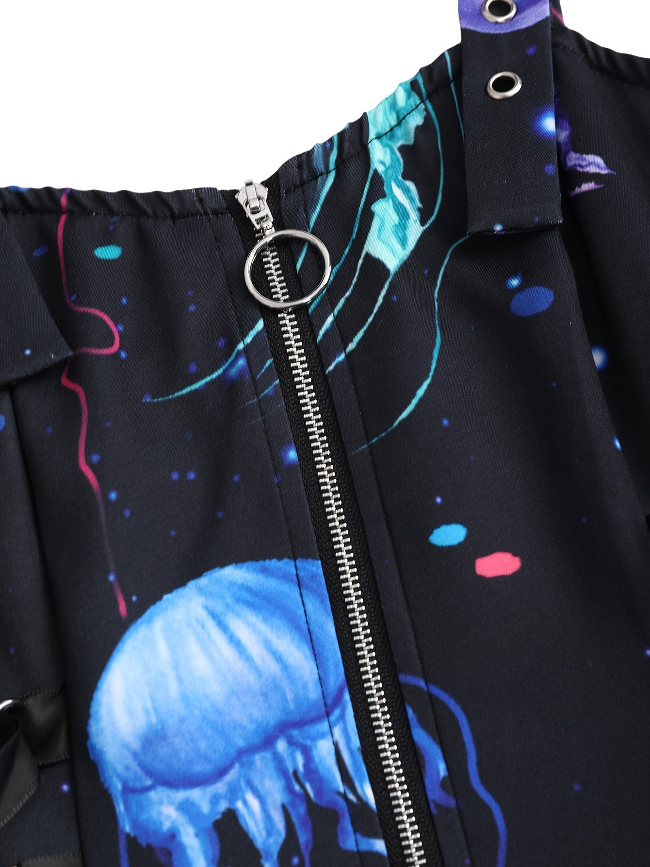 1pc Women'S Casual Jellyfish Print Spaghetti Strap Dress, Polyester Woven Fabric, with Zipper Detail, for All-Season Shoulder Strap Sundress
