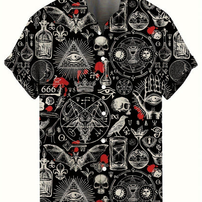 Men's Vintage Skull & Bat Print Short Sleeve Button-Up Shirt - Casual Polyester, Machine Washable - Perfect for Streetwear & Holidays, Novelty Fashion Top