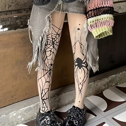Plus Size Punk Tights, Women's Halloween Spider & Spider Web Print AB Style Elastic Pantyhose