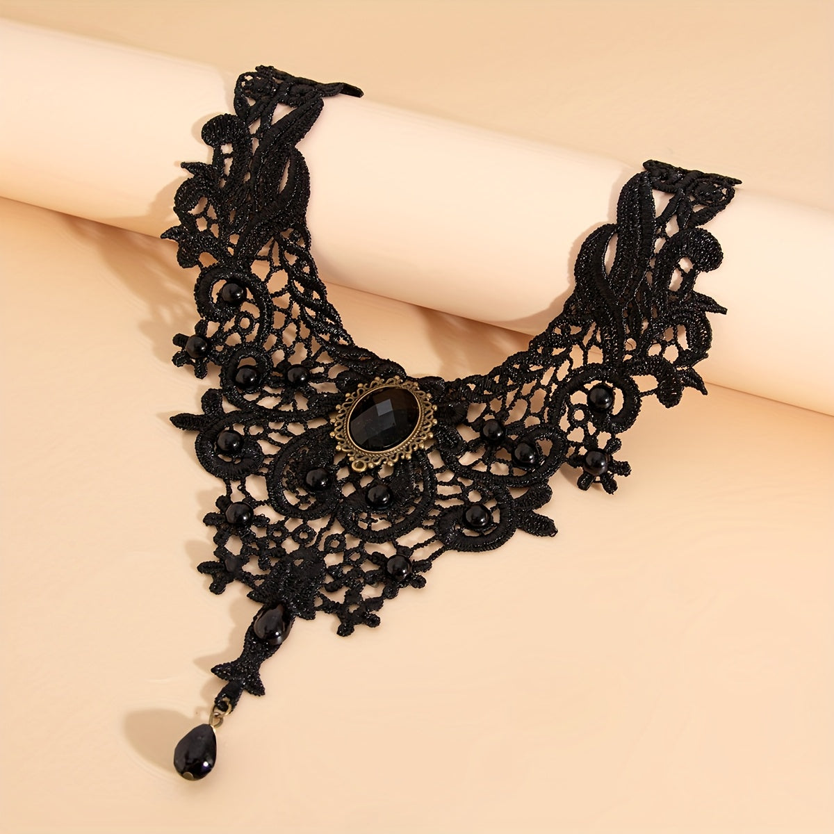 [Gothic Lace Collar Necklace] 1pc Gothic Black Lace Collar Necklace | Spider Web Design with Artificial Crystal & Black Beads - Chunky Statement Piece for Halloween Parties, Gothic Events, All-Season Wear, Intricate Lacework,