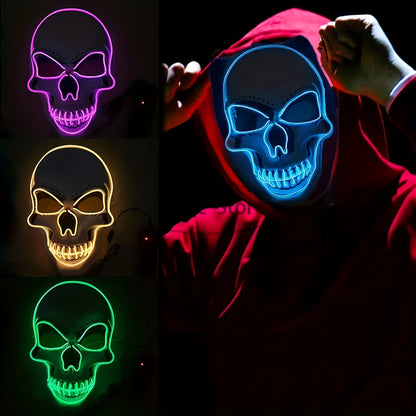 LED Glowing Skull Mask with Blue Light Effects - Self-Lit Halloween Costume Party Mask with Expressive Eyes & Sharp Teeth, Battery-Powered (Batteries Not Included) for Men's Costumes, Themed Events, Gothic Performances - Comp