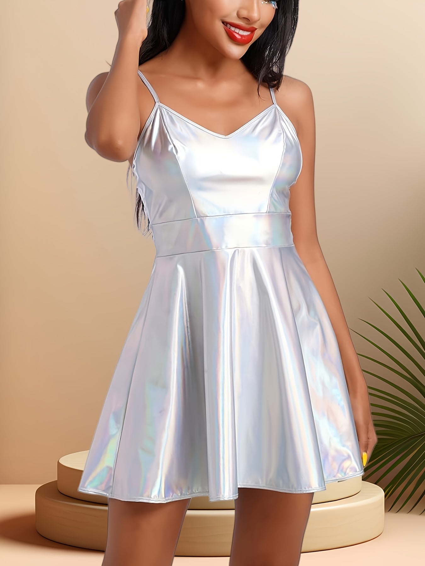 Women'S Sleeveless V-Neck High-Waisted Mini Dress - Shimmering Metallic Floral Print, Backless Party Dress with Flared Skirt, Perfect for Formal Events and Special Occasions, Formal Event Dress | Vneck Dress | Metallic Floral