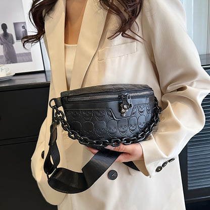 [Skull Crossbody Bag] Skull Embossed Women's Black Crossbody Bag | Versatile Shoulder & Waist Purse with Zipper Closure, Polyester Lining | Perfect for Halloween or Everyday Use, Halloween Accessories