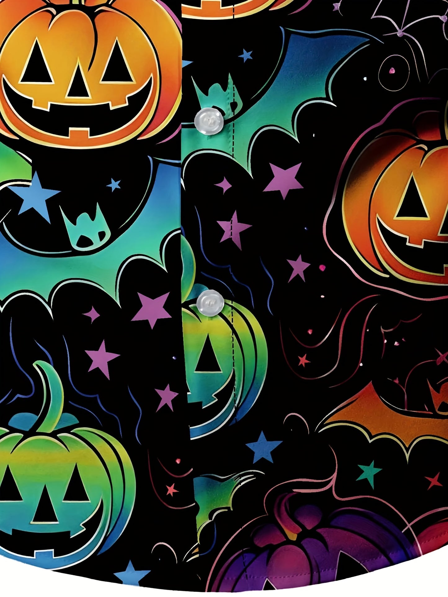 [Festive Halloween Shirt] Polyester Men's Festive Long Sleeve Shirt - Vibrant Halloween-Themed Pumpkin & Bat Print, Button-Up with Chest Pocket, Ideal for Fall/Winter Celebrations, Halloween Decorations