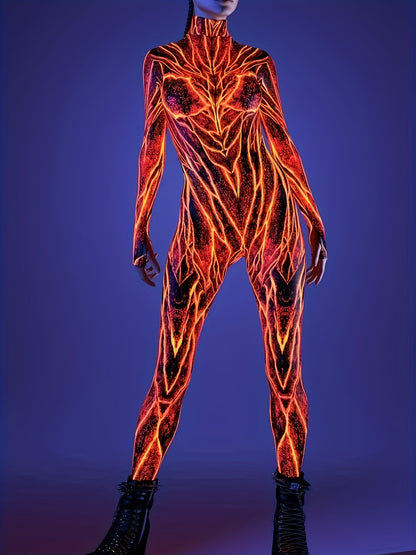 [Halloween] Women's Halloween Cosplay Costume 3D Flame Geometric Print Bodycon Jumpsuit Sexy, High Neck, Long Sleeve, Themed Party Dead Festival