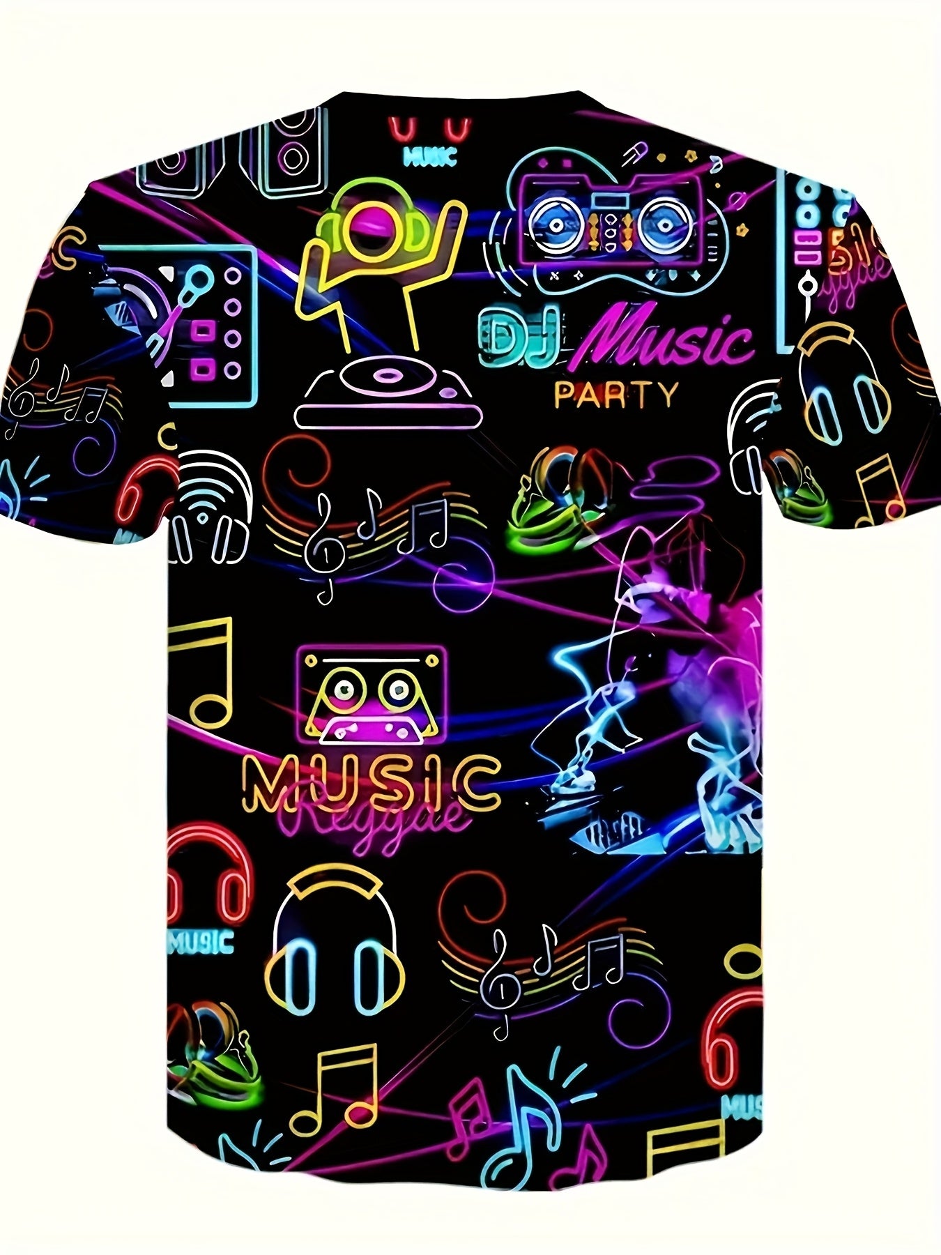 Men'S Retro Party Night T-Shirt - Vibrant Neon Music & DJ Design, Polyester, Short Sleeve Crew Neck - Machine Washable, All-Season Casual Tee with "PARTY NIGHT" Print, Ideal for Parties & Casual Attire, Summer Tee|Discothemed