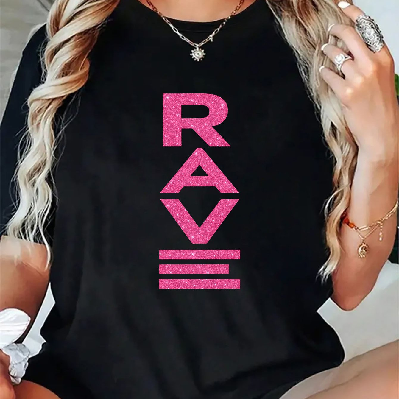 Women's Party T-Shirt - Bold RAVE Graphic Tee in Black & Pink, Casual Everyday & Nightlife Outfits, Birthday Festival Gift for Women & Teens - Machine Washable Top, Ladies T Shirts, Teenage Clothing, Nontransparent Fabric