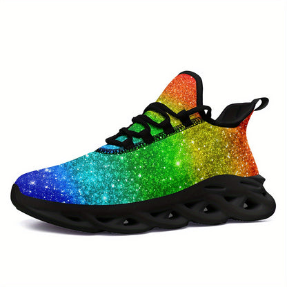 Men's Rainbow Glitter Gradient Sneakers - Lightweight Breathable Mesh Streetwear Shoes with Cushioned EVA Sole, Lace-Up Trainers for Running, Parties, Everyday - Plus Size Available (Green/Blue/Purple/Red/Pink/Teal/Orange/Pur