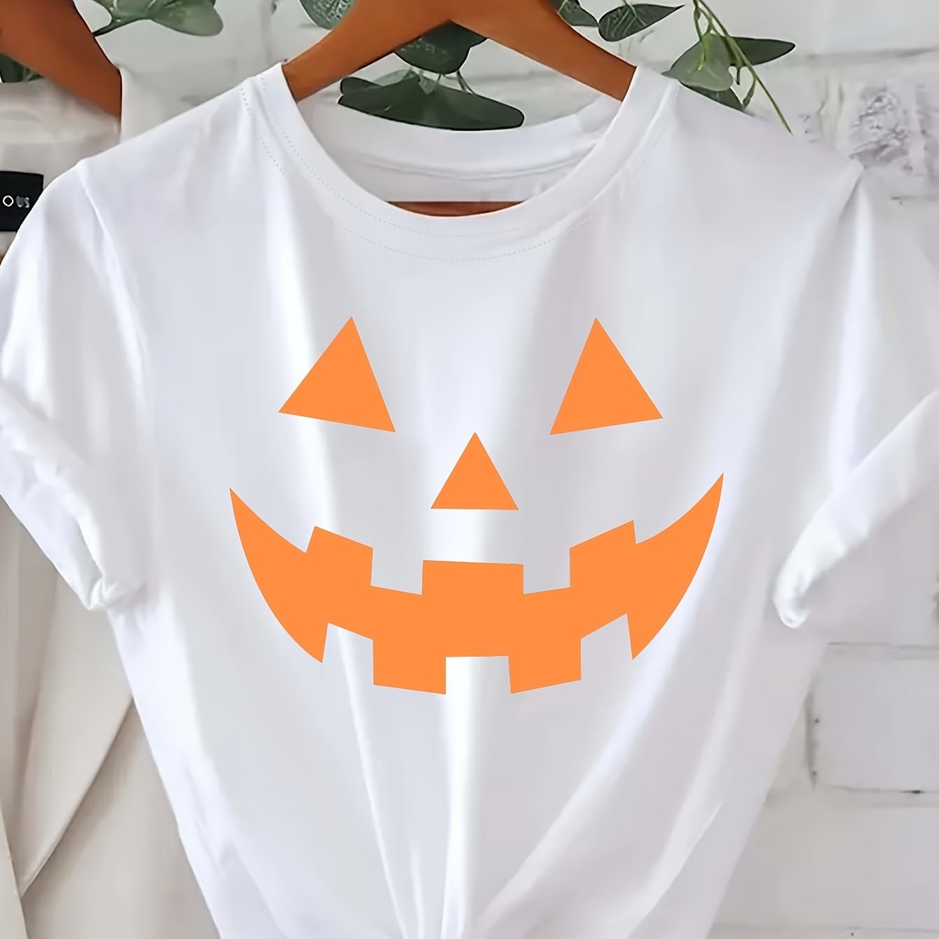 [Halloween Pumpkin T-Shirt] Halloween Pumpkin Graphic T-Shirt for Women | Casual Crew Neck Short Sleeve Top, 95% Polyester 5% Elastane, Knit Fabric, All Seasons, 200gsm - Black