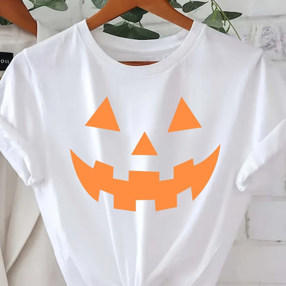 [Halloween Pumpkin T-Shirt] Halloween Pumpkin Graphic T-Shirt for Women | Casual Crew Neck Short Sleeve Top, 95% Polyester 5% Elastane, Knit Fabric, All Seasons, 200gsm - Black