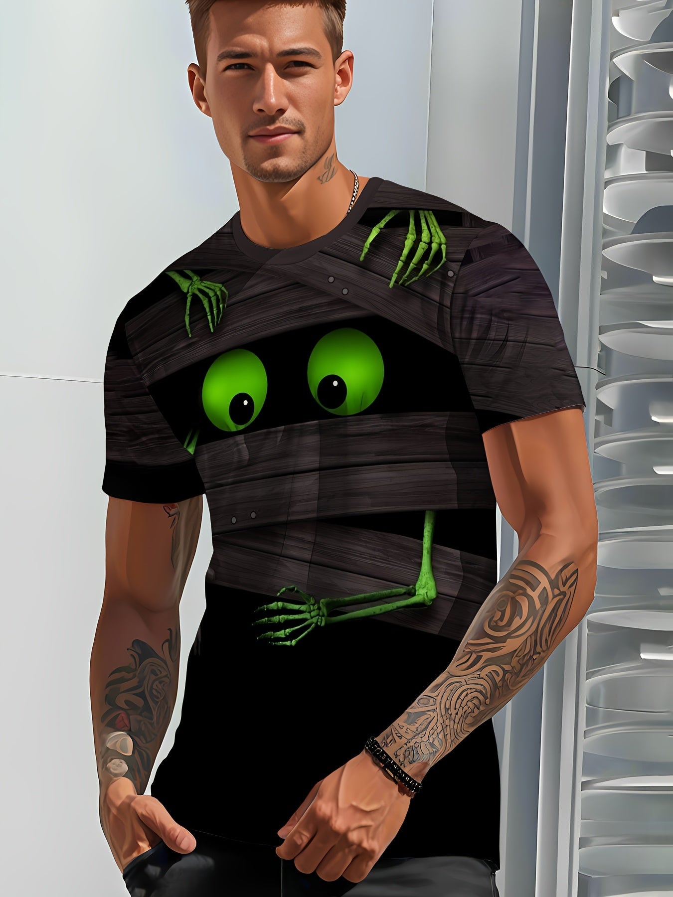 Men'S Mummy 3D Print T-Shirt - Casual Crew Neck, Short Sleeve, Skeleton Design, Black with White Stripes, Halloween Street Fashion, Cool Tshirt | Unique Mummy Design | Bold Graphic Te