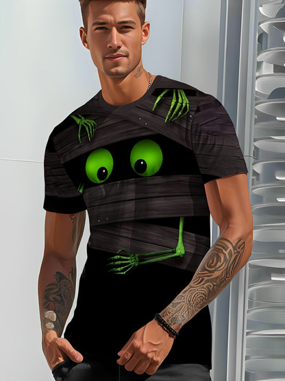 Men'S Mummy 3D Print T-Shirt - Casual Crew Neck, Short Sleeve, Skeleton Design, Black with White Stripes, Halloween Street Fashion, Cool Tshirt | Unique Mummy Design | Bold Graphic Te