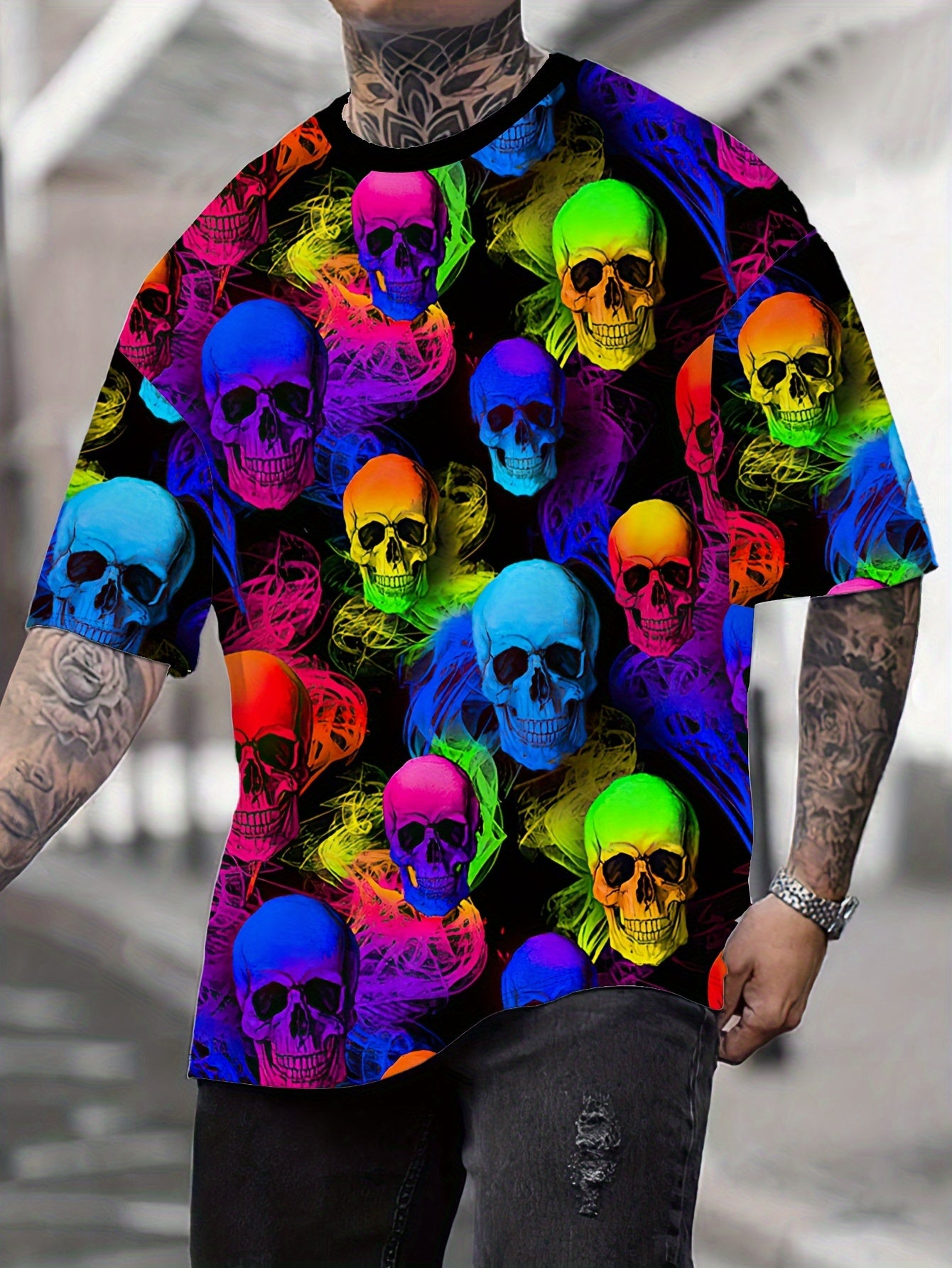 [Bold Skull Print T-Shirt] Men's Casual Short Sleeve T-Shirt - 100% Polyester, 3D Gradient Skull Print, Regular Fit, Machine Washable, Summer Outdoor & Street Fashion, Bold Pattern, Lightweight Fabric, Trendy Look for Young A