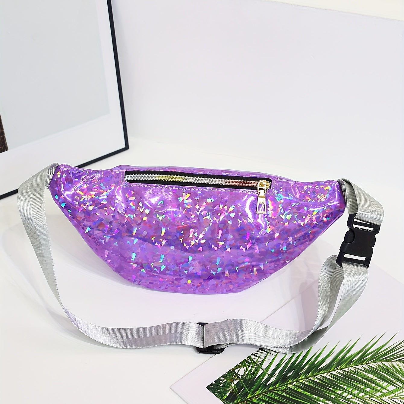 Holographic Sequin Waist Bag for Women - Stylish Crossbody Belt Bag with Adjustable Strap, Zipper Closure, And Glittery Purple, White, And Pink Patterns - Perfect for Outdoor Activities, Travel, And Everyday Fashion, Crossbod