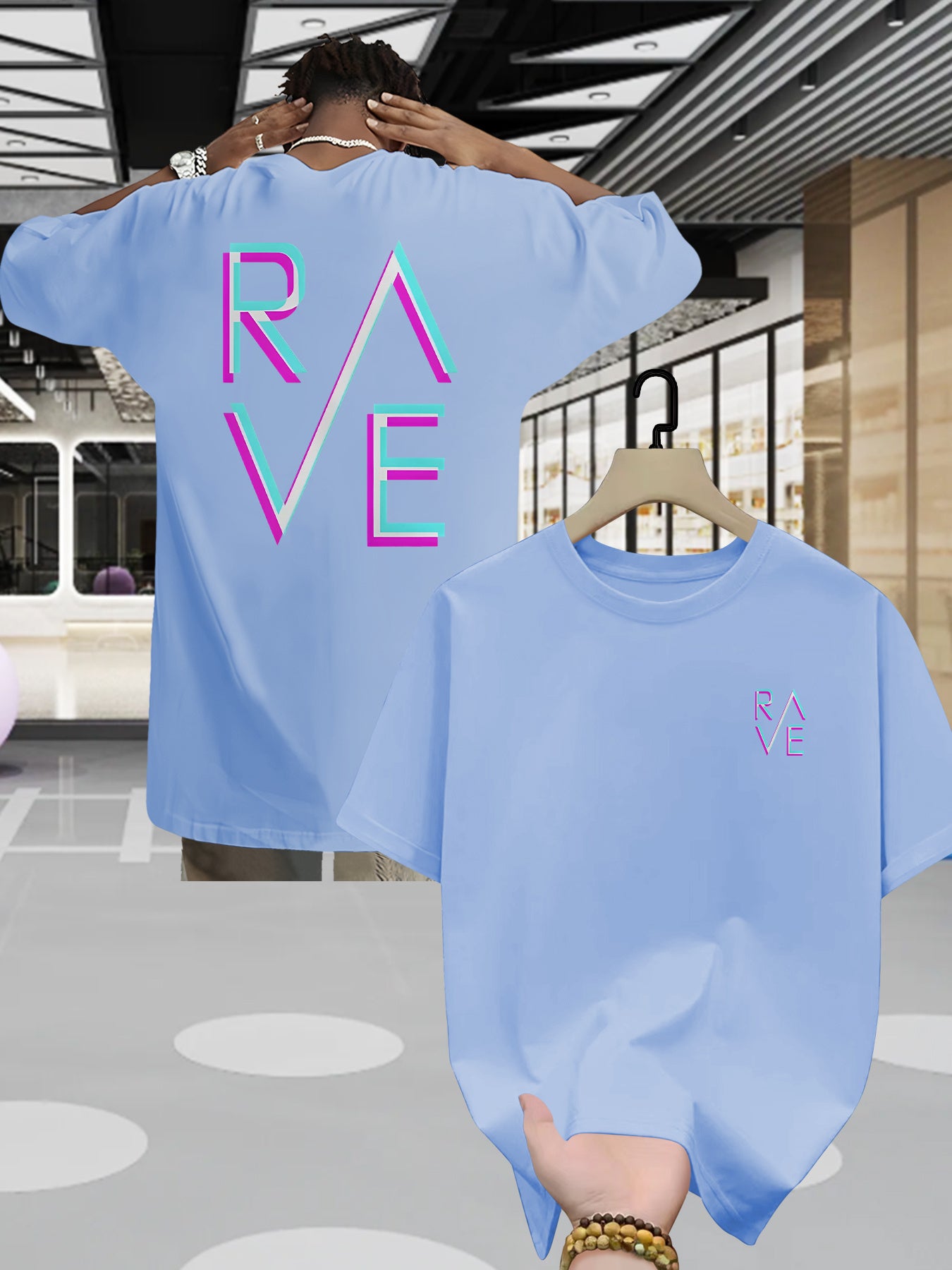Men'S Summer Casual RAVE Graphic T-Shirt - Black with Pink & White Neon Print, Short Sleeve, Round Neck, Lightweight Polyester Blend, Perfect for Casual Attire, Everyday Tshirt | Round Neck Shirt | Comfortable Fit