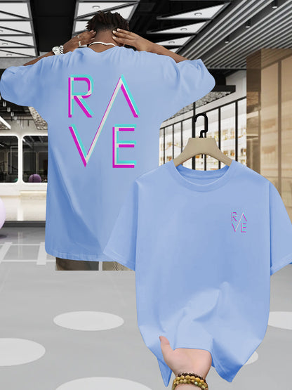 Men'S Summer Casual RAVE Graphic T-Shirt - Black with Pink & White Neon Print, Short Sleeve, Round Neck, Lightweight Polyester Blend, Perfect for Casual Attire, Everyday Tshirt | Round Neck Shirt | Comfortable Fit