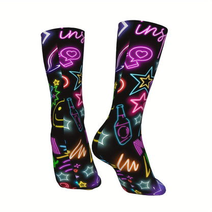 1 Pair Men'S Neon Style Compression Socks, Vintage Harajuku Hip Hop Novelty Pattern, Polyester & Elastane, Hand Wash or Dry Clean, Random Printed Crew Socks, Gift Idea