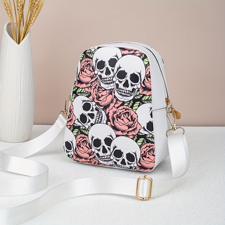 [Punk Crossbody Bag] Women's Lightweight Crossbody Bag | Punk Gothic Skull & Rose Print, Detachable Adjustable Strap, Zipper Closure, White with Black Floral Design, Goldtone Hardware, Durable Material, Small Handbag, Alterna