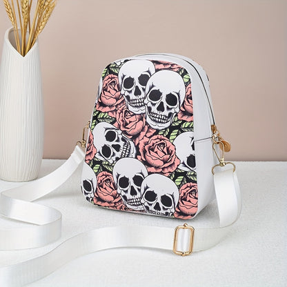 [Punk Crossbody Bag] Women's Lightweight Crossbody Bag | Punk Gothic Skull & Rose Print, Detachable Adjustable Strap, Zipper Closure, White with Black Floral Design, Goldtone Hardware, Durable Material, Small Handbag, Alterna