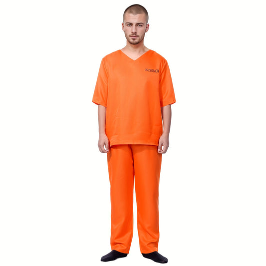 2pcs Men's Halloween prison outfit, orange prisoner top with orange trousers, Halloween costume for cosplay, autumn Men's clothing, Prison Roleplay, Themed Party Wear, Scary Costume, Stylish Cosplay, Quality Stitching, Breath