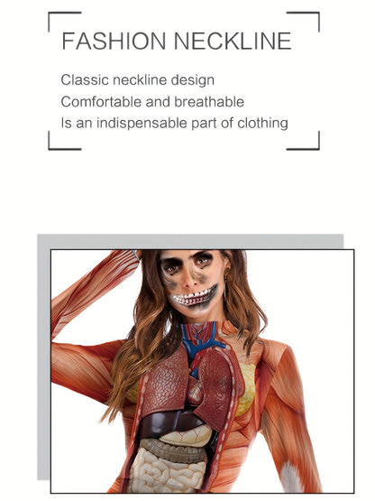 Women'S Halloween Skeleton Costume - Stretchy Bodycon Jumpsuit with Stand Collar, Long Sleeves & High-Low Hem, Form-Fitting Stretchy Fabric for Halloween Parties, Carnivals & Themed Events, Halloween Costumes, Carnival Attire