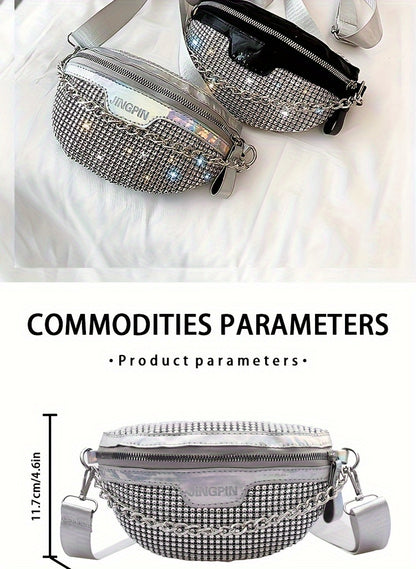 Shining Rhinestone Waist Bag, Bling-Bling belt bag for Women, Trendy Chain Decor Crossbody Chest Bag Bum Bag belt bag