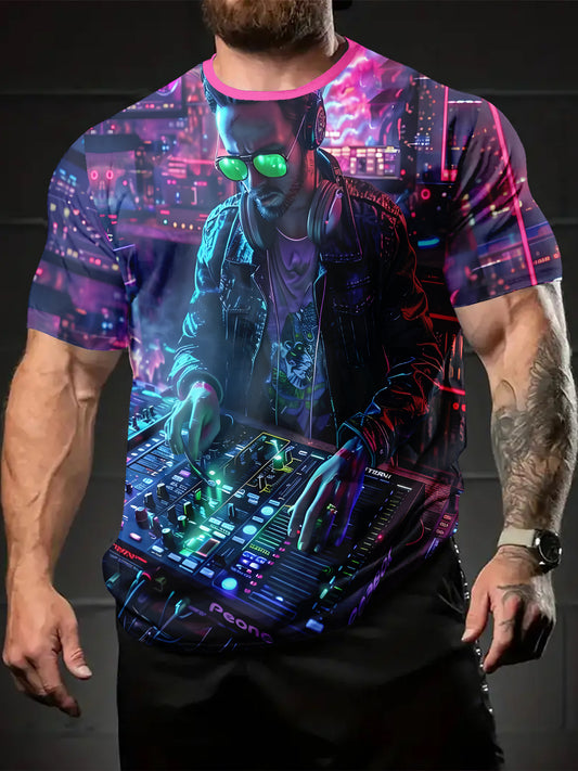 Men's Neon DJ Graphic T-Shirt - Retro Futuristic DJ Setup & Neon City Lights Design, Breathable Fabric Tee for Concerts, Club Nights, Streetwear - Machine Washable Music Producer Outfit Essential, Dj Accessories, Concert Atti