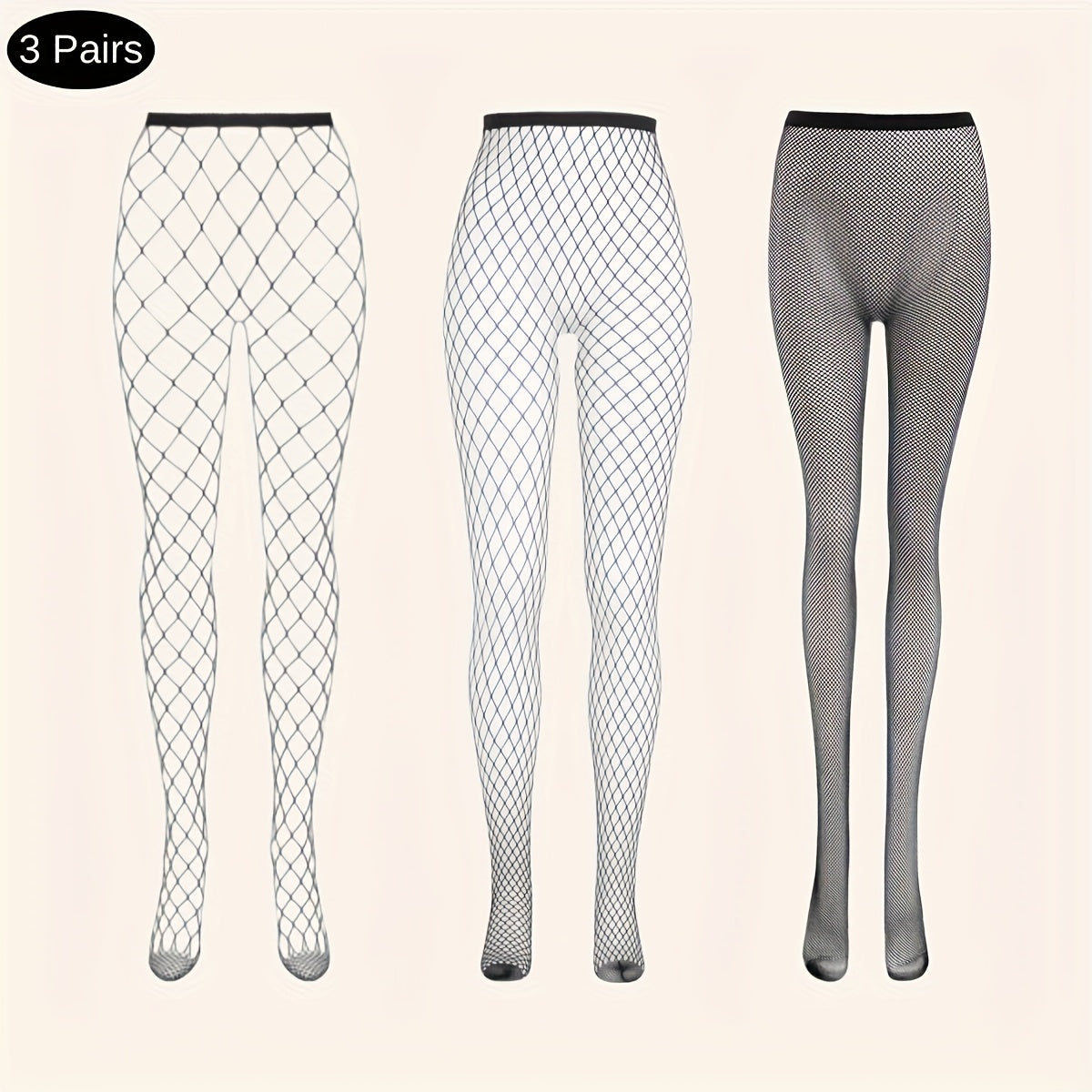 3 Pairs of Black Mesh Fishnet Tights with High Waist and Elasticity for Women, Perfect for Role Play, Hand Wash Only, Knit Fabric, Polyamide and Elastane Composition, Solid Color Theme, 118 g/m² Fabric Weight