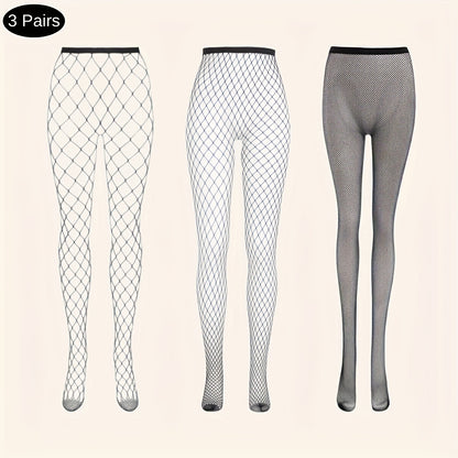 3 Pairs of Black Mesh Fishnet Tights with High Waist and Elasticity for Women, Perfect for Role Play, Hand Wash Only, Knit Fabric, Polyamide and Elastane Composition, Solid Color Theme, 118 g/m² Fabric Weight