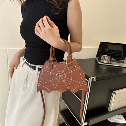 Halloween Women'S Bat Wing Spider Web Handbag - Lightweight Synthetic Faux Leather Tote with Geometric Spider Web Design, Zipper Closure & Detachable Strap, Gothic Style for Daily Use or Party Outfits, Durable Polyester Linin