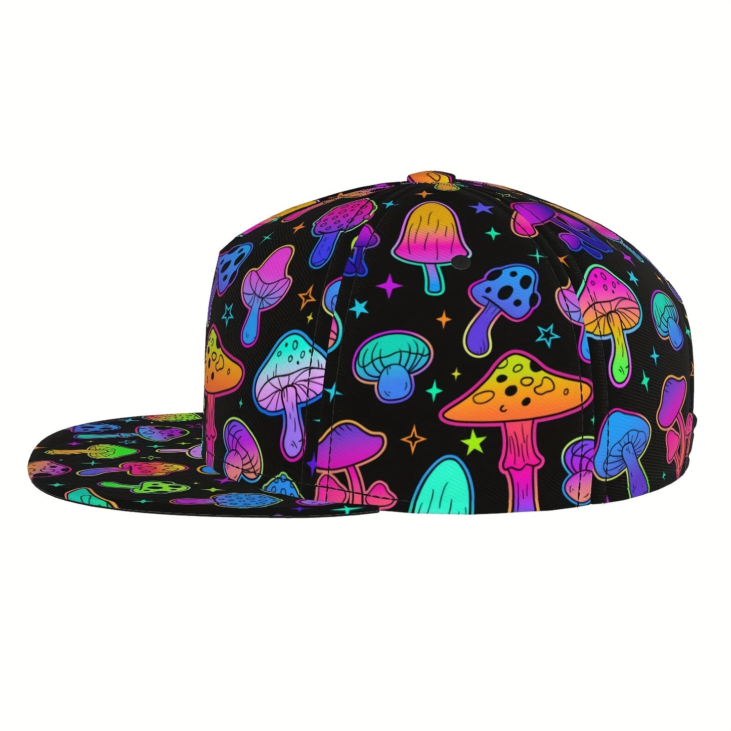 Vibrant Neon Mushroom Snapback Cap - Adjustable Flat Brim Hat, Hip-Hop Street Style, Colorful Design with Glowing Stars & Mushrooms, Perfect Gift for Men, Women, and Teens, Casual Headwear | Playful Design | Lightweight Hat,