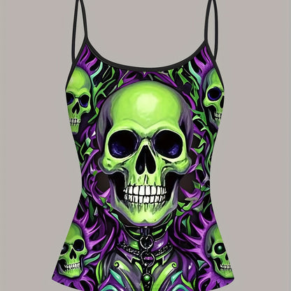 Women's Gothic Skull Print Cami Top - Vibrant Neon Green & Purple Design, Sleeveless Spaghetti Strap, Machine Washable, Edgy Summer Fashion for Bold Style, Trendy Casual Wear, Mysterious Aesthetic, Nontransparent Fabric