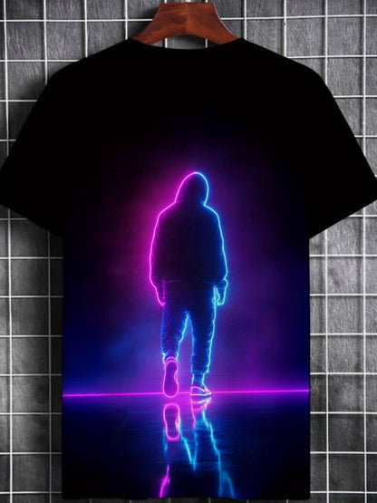 Men'S Neon Silhouette Graphic T-Shirt - Trendy Black Casual Sport Tee with Vibrant Pink & Blue Glow Design, Short Sleeve, Round Neck, Perfect for Everyday Wear, Everyday Tshirt | Trendy Casual Shirt | Stretchy Fabric