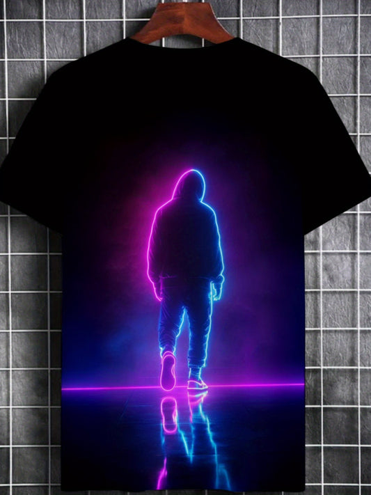 Men'S Neon Silhouette Graphic T-Shirt - Trendy Black Casual Sport Tee with Vibrant Pink & Blue Glow Design, Short Sleeve, Round Neck, Perfect for Everyday Wear, Everyday Tshirt | Trendy Casual Shirt | Stretchy Fabric